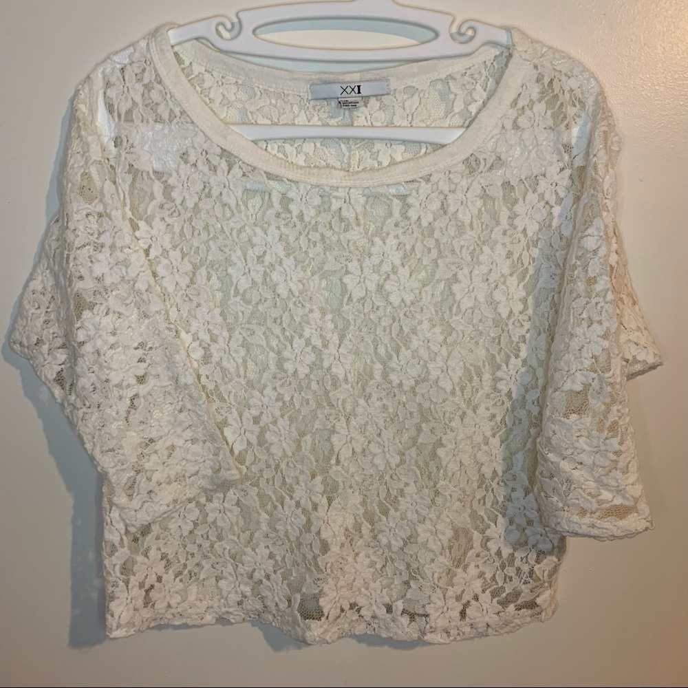 White Short Sleeve Cotton Lace Cami Crop Top